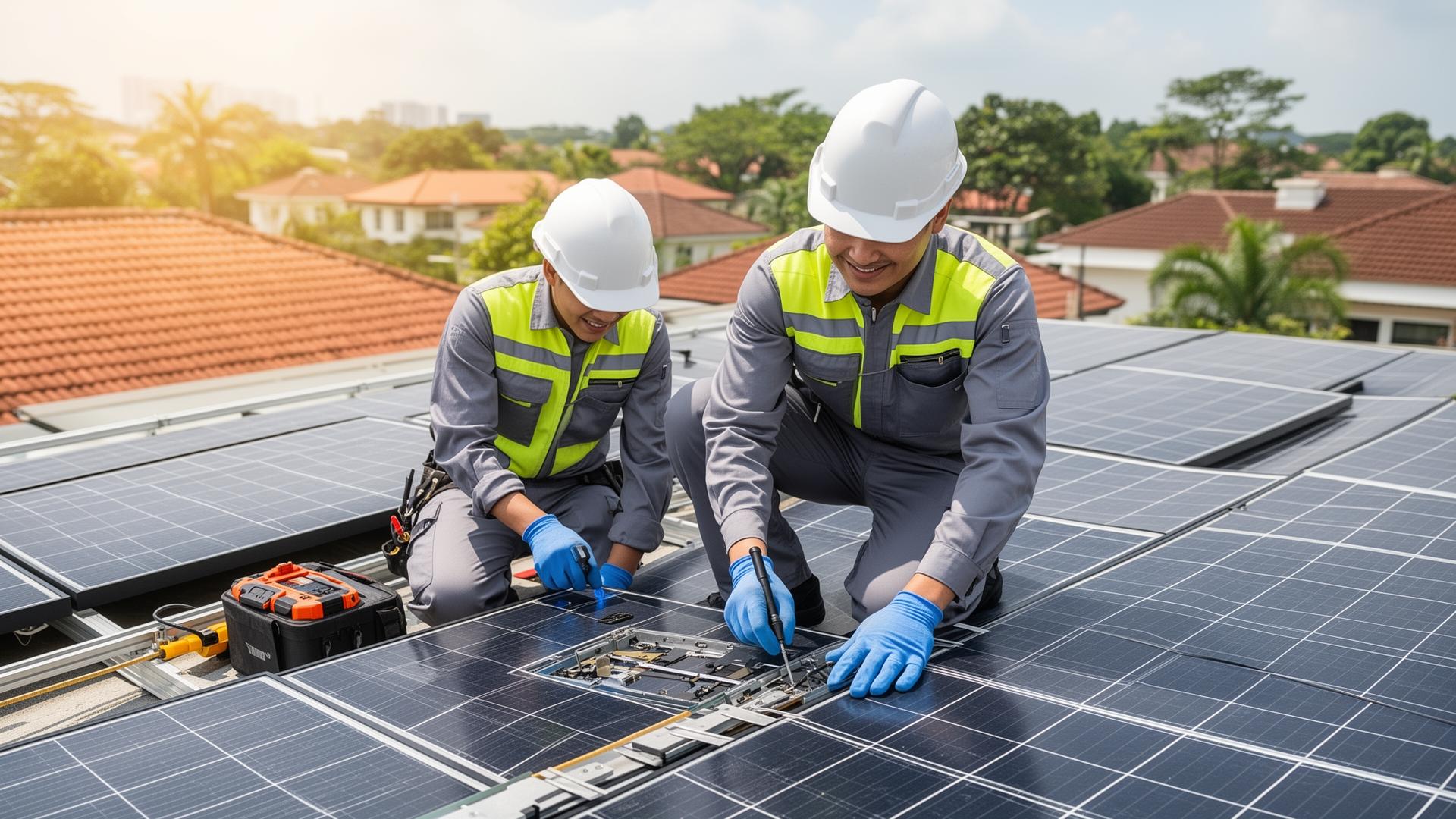 Lion City Solar engineers installing rooftop solar panels in Singapore